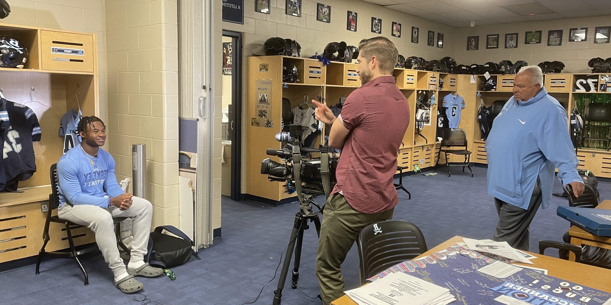 Student-Athlete football player being interviewed in locker room at private high school in Tampa, FL